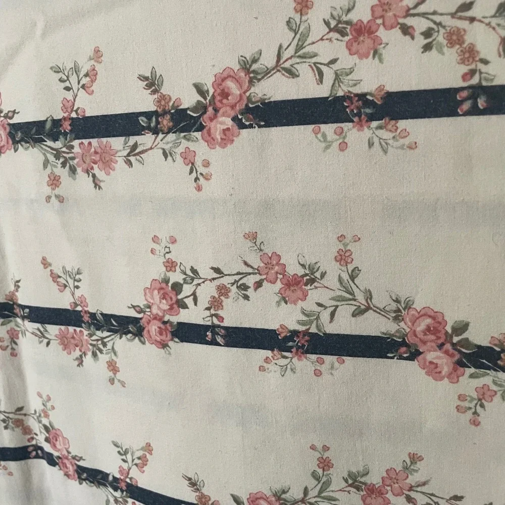 Vintage Fieldcrest Cannon Full Flat Sheet Pink Floral Navy Stripe‎ Cottagecore